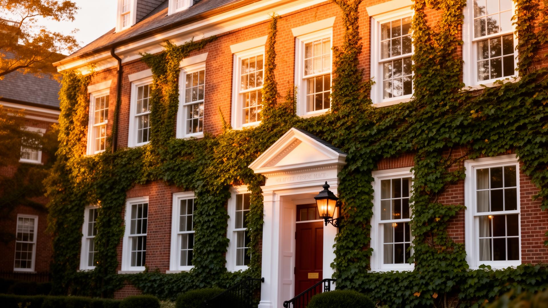 Ivy-covered collegiate campus building at golden hour